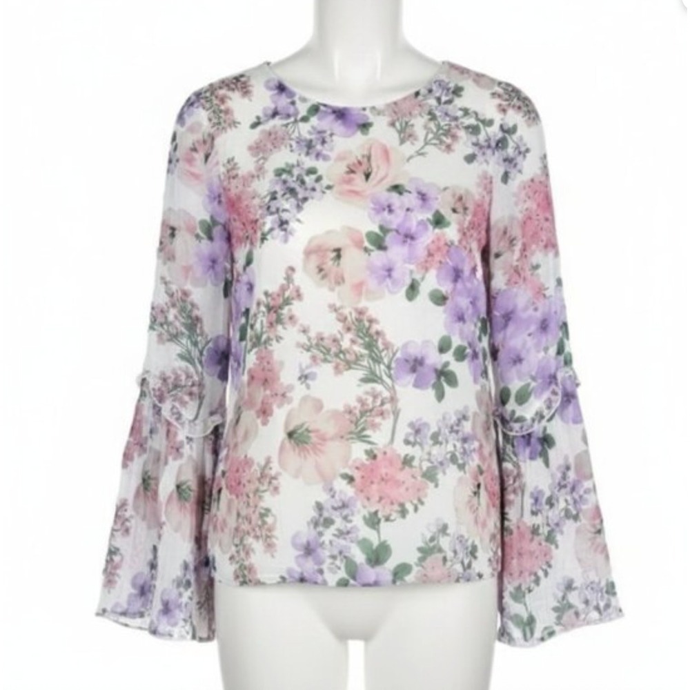 Massimo Dutti Blouse 4 Floral Bell Sleeve Purple Pink Chiffon Prairie Bohemian